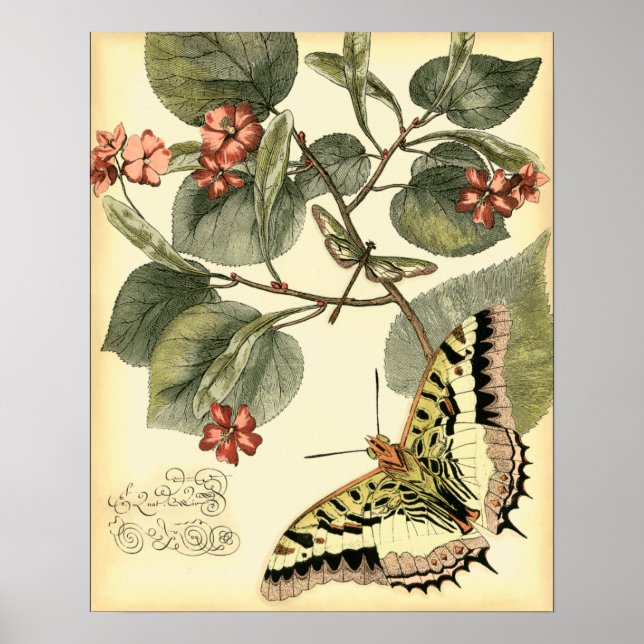 Butterfly and Dragonfly with Red Flowers Poster (Front)