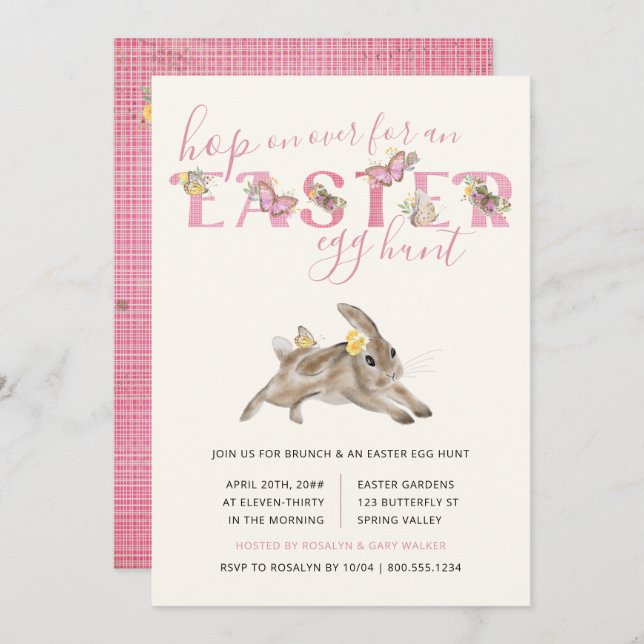 Butterfly and Easter Bunny Brunch and Egg Hunt Invitation (Front/Back)