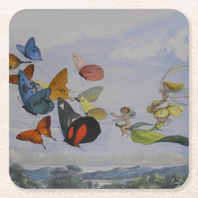 Butterfly and Fairy Queen Butterflies Fairies Square Paper Coaster (Front)