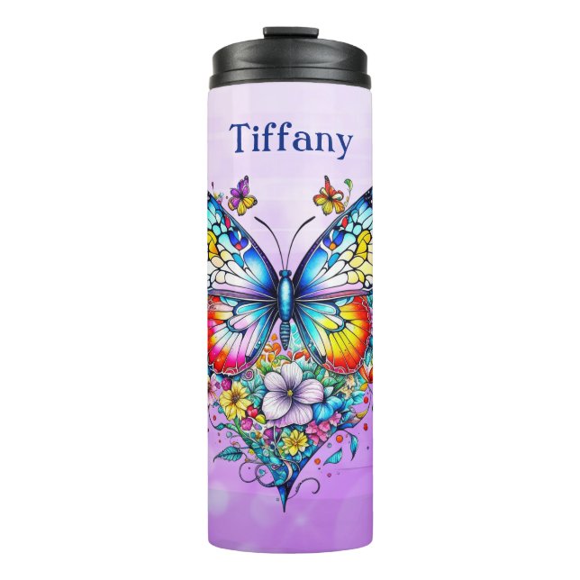 Butterfly and Floral Heart Personalised Thermal Tumbler (Front)