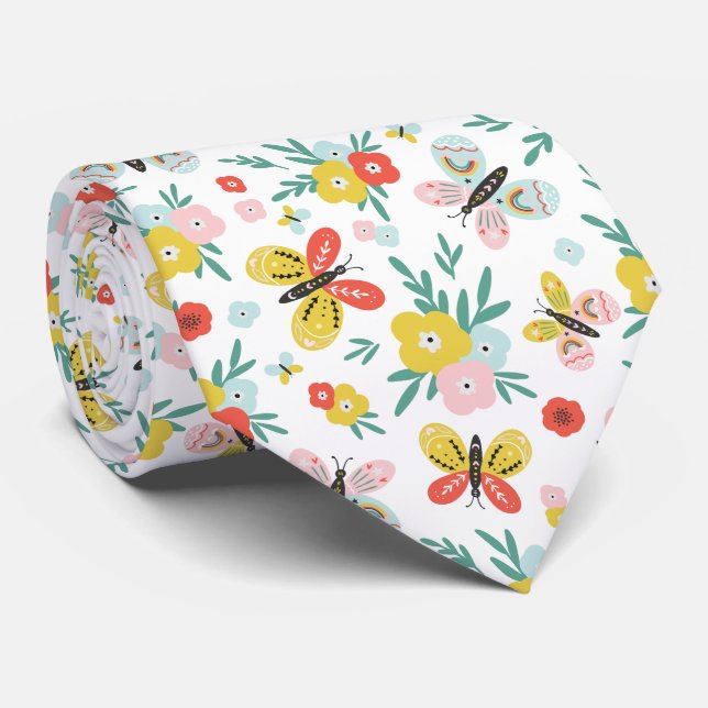 Butterfly And Floral Pattern  Tie (Rolled)