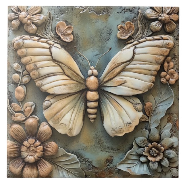 Butterfly and Flowers Botanical Faux Relief  Ceramic Tile (Front)