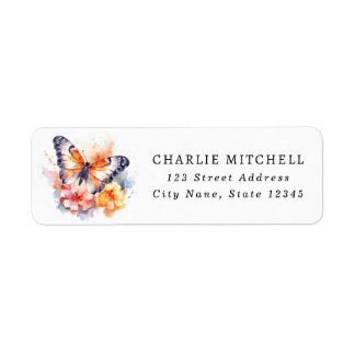 Butterfly and flowers watercolor return address label