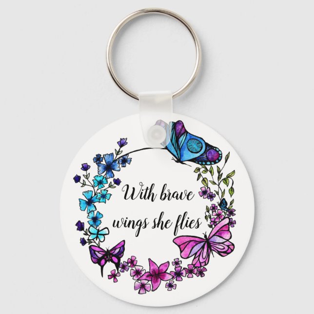 Butterfly and Flowers Wreath and custom quote Key Ring (Front)