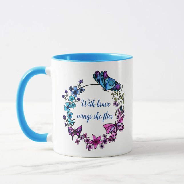 Butterfly and Flowers Wreath custom quote and name Mug (Left)