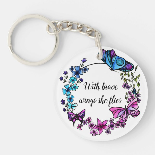 Butterfly and Flowers Wreath custom quote or name Key Ring (Front)