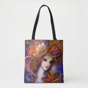 Butterfly And Garden Goddess In Watercolor Blues Tote Bag