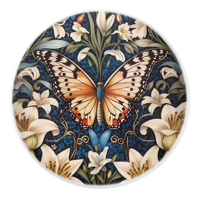 Butterfly and Lilies Botanical Ceramic Knob (Front)