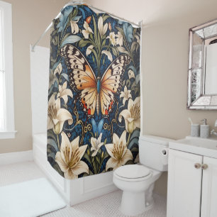 Butterfly and Lilies Botanical Shower Curtain