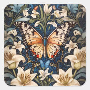 Butterfly and Lilies Botanical Square Sticker
