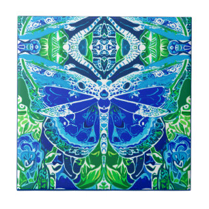 Butterfly and Medallion Batik Pattern in Blue Ceramic Tile