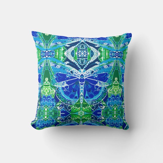 Butterfly and Medallion Batik Pattern in Blue Cushion (Front)