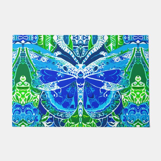 Butterfly and Medallion Batik Pattern in Blue Doormat (Front)