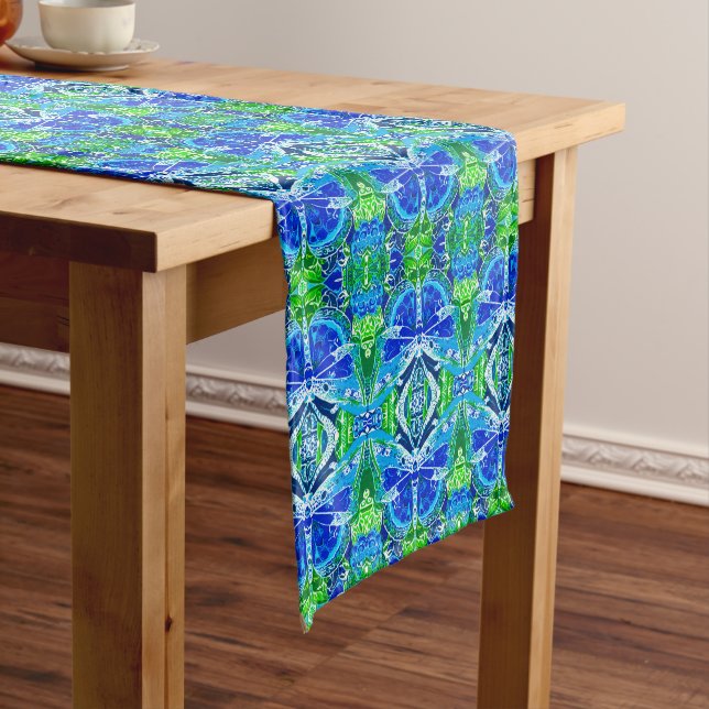 Butterfly and Medallion Batik Pattern in Blue Short Table Runner (In Situ)