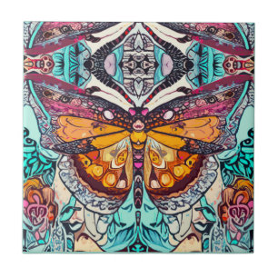 Butterfly and Medallion Batik Pattern in Orange Ceramic Tile