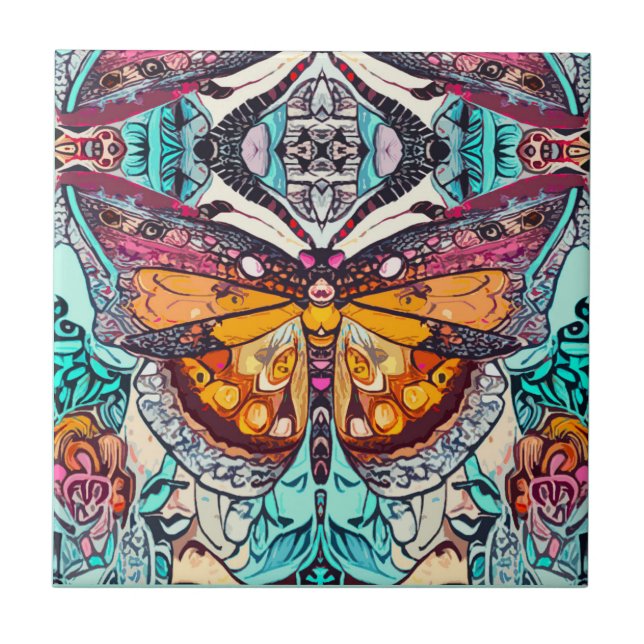 Butterfly and Medallion Batik Pattern in Orange Ceramic Tile (Front)