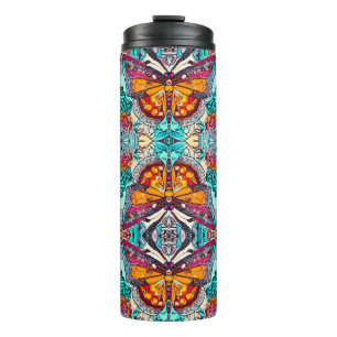 Butterfly and Medallion Batik Pattern in Orange Thermal Tumbler