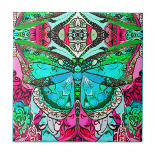 Butterfly and Medallion Batik Pattern in Turquoise Ceramic Tile