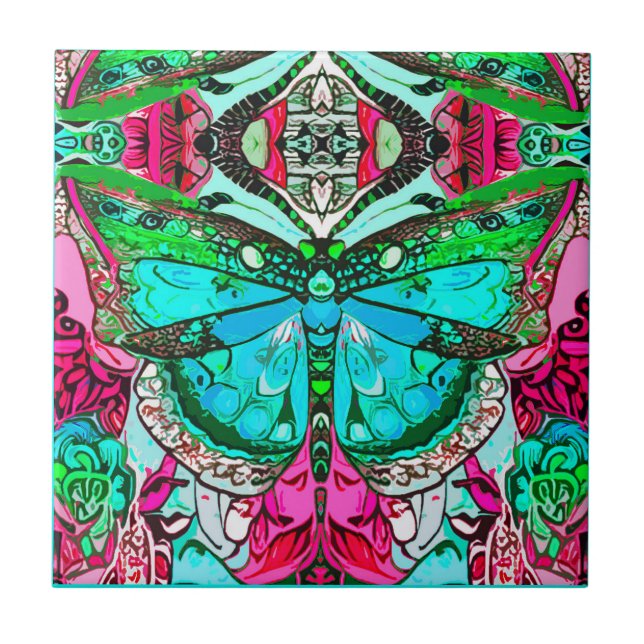 Butterfly and Medallion Batik Pattern in Turquoise Ceramic Tile (Front)