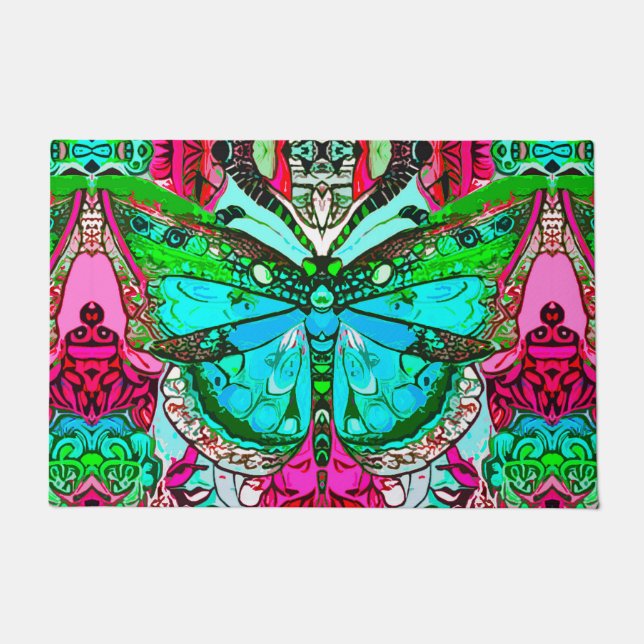 Butterfly and Medallion Batik Pattern in Turquoise Doormat (Front)