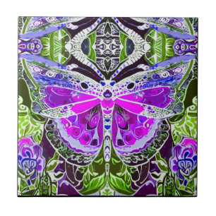 Butterfly and Medallion Batik Pattern in Violet  Ceramic Tile