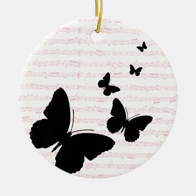 Butterfly and Pink Notes Ceramic Tree Decoration (Front)