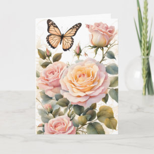 Butterfly and Pink Roses Birthday Card
