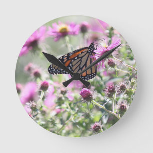 Butterfly and Purple Meadow Flowers Round Clock
