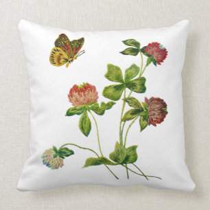 Butterfly and Red Clover Faux Embroidery Pillow