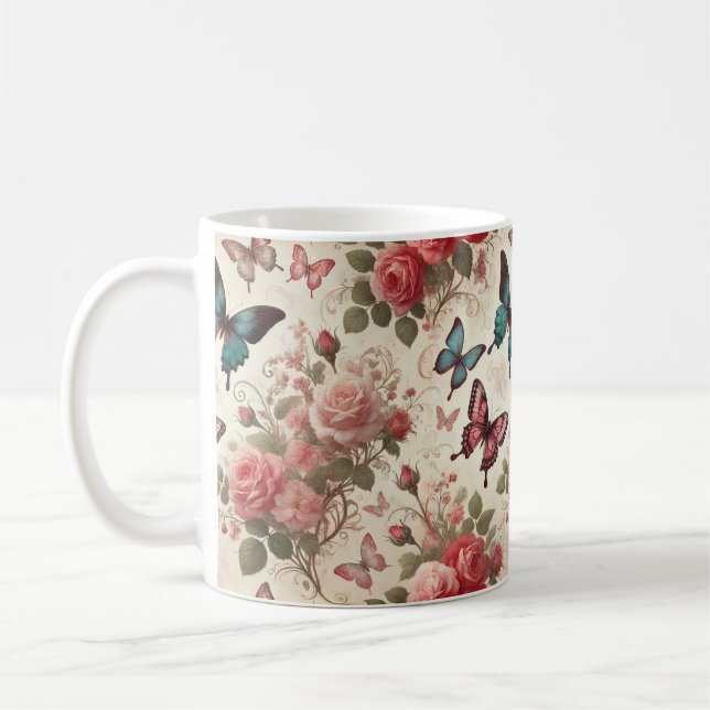 Butterfly and Rose Pattern Coffee Mug (Left)