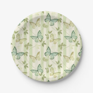 Butterfly and Stripes Green Birthday Paper Plate