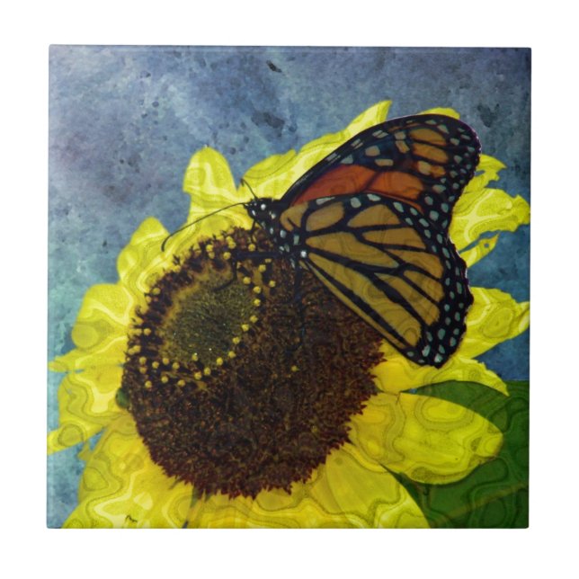 Butterfly and Sunflower Blue Background Ceramic Tile (Front)
