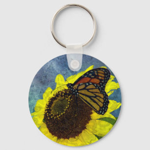Butterfly and Sunflower Blue Background Key Ring