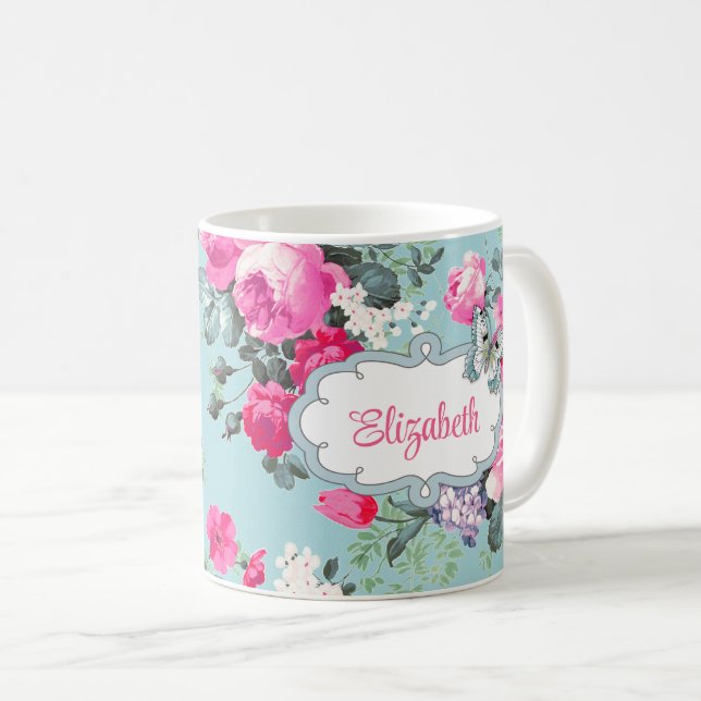 Butterfly and Vintage Roses Custom Name Gift Coffee Mug (Front Right)