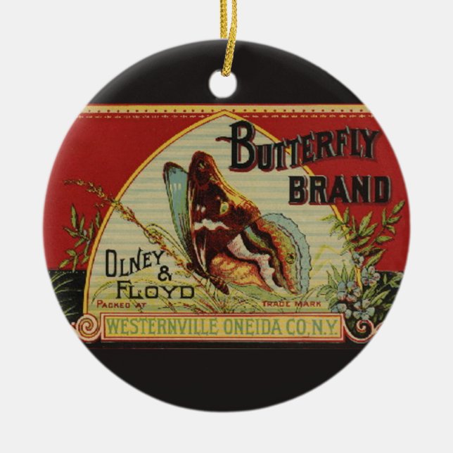 Butterfly Antique Advertising Label Ceramic Tree Decoration (Front)