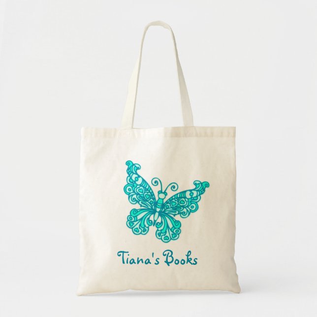 Butterfly aqua kids named library tote bag (Front)