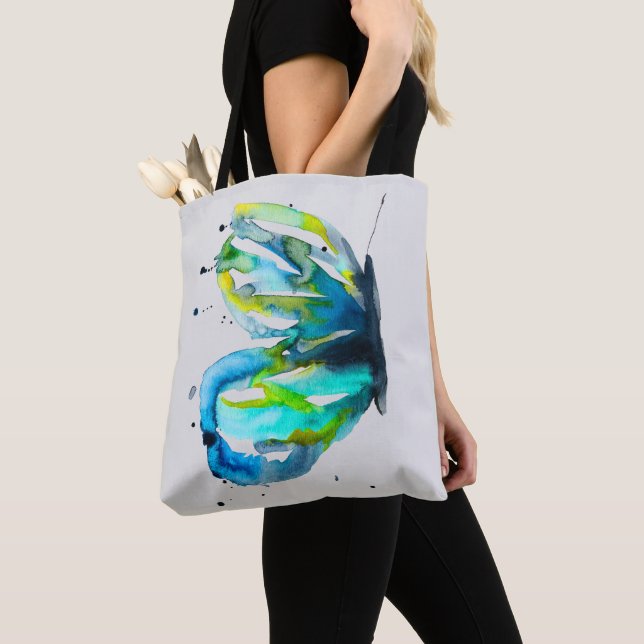 Butterfly art watercolor blue tote bag (Close Up)