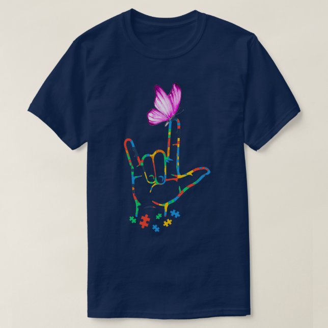 Butterfly Autism Awareness ASL Hand Sign Language T-Shirt (Design Front)