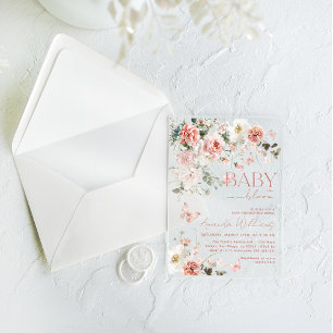 Butterfly Baby in Bloom Pink Floral Baby Shower  Acrylic Invitations