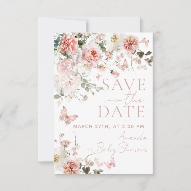 Butterfly Baby in Bloom Pink Floral Baby Shower  Save The Date (Front)