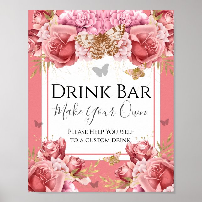 Butterfly Baby Shower Drink Bar Party Sign (Front)