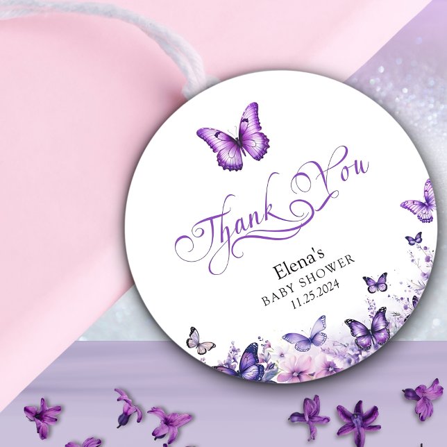 Butterfly Baby Shower Elegant Purple Floral Classic Round Sticker (Creator Uploaded)