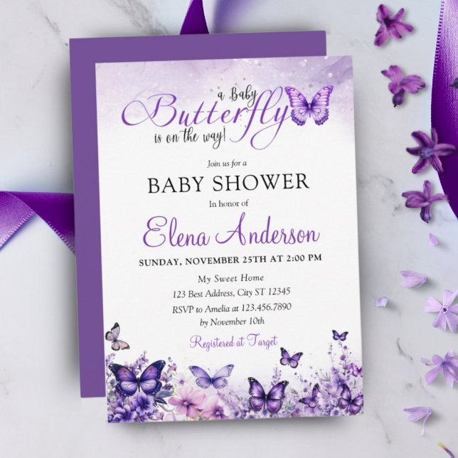 Butterfly Baby Shower Elegant Purple Floral  Invitation (Creator Uploaded)
