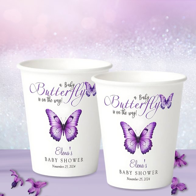 Butterfly Baby Shower Elegant Purple Floral Paper Cups (Creator Uploaded)