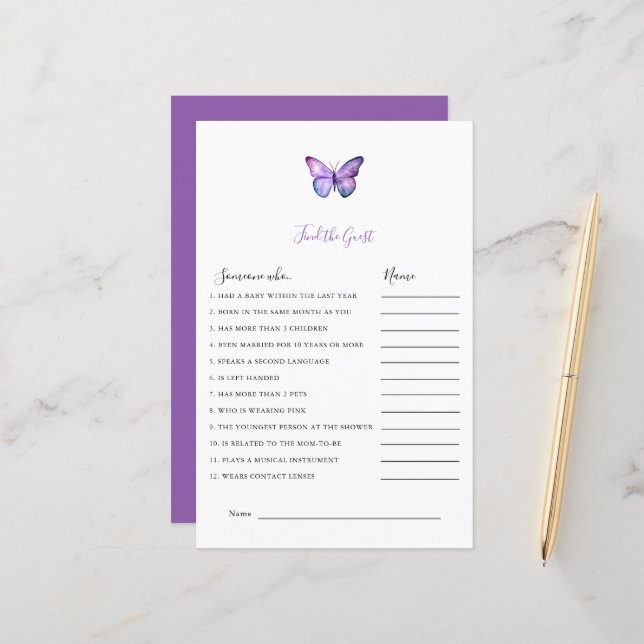 Butterfly Baby Shower Find the Guest Game Party  (Front/Back In Situ)