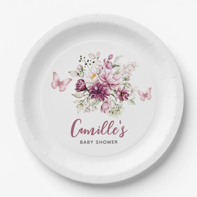 Butterfly Baby Shower Floral Paper Plate (Front)