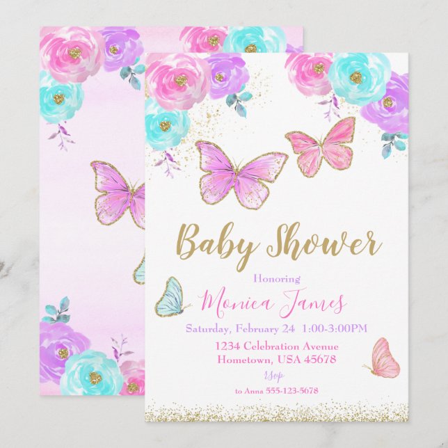 Butterfly Baby Shower Invitation Girl Baby Shower (Front/Back)