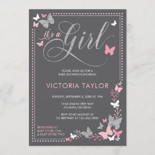 Butterfly Baby Shower Invitation, Pink, Grey Invitation