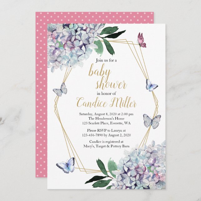 butterfly baby shower invitation pink hydrangea (Front/Back)