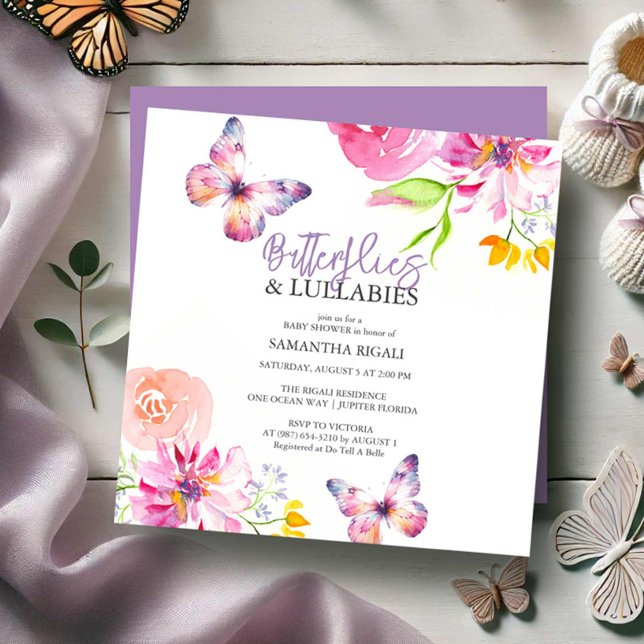 Butterfly Baby Shower Invitations (Butterfly baby shower invitations purple watercolor art by Victoria Grigaliunas Do Tell A Belle)